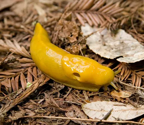 A yellow slug, known as the "Banana Slug," rests on the forest floor.