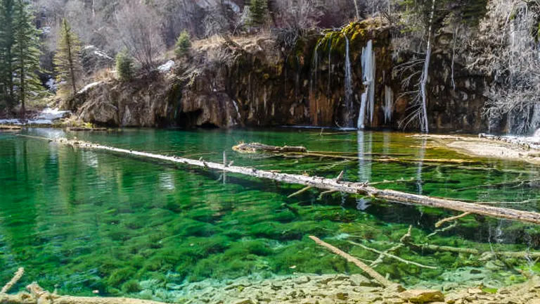 A tranquil, crystal-clear mountain spring with submerged fallen trees, bordered by rocky cliffs with icicles and sparse winter vegetation under a bright sky.
