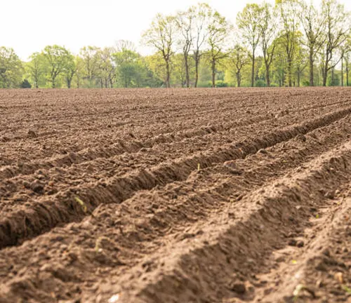 Plowed field with furrows and trees in the background.