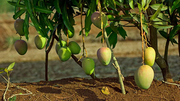 Mango tree branches laden with large, ripening fruits, hanging low over the dark soil of an orchard.
