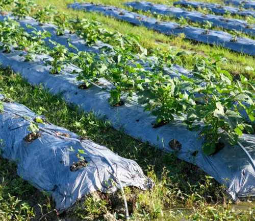 Strawberry plants growing through plastic mulch on a farm