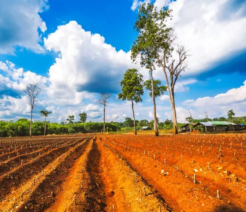 saplings in rows on a red soil farm under a blue sky with clouds