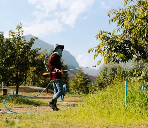 "Person spraying plants in orchard