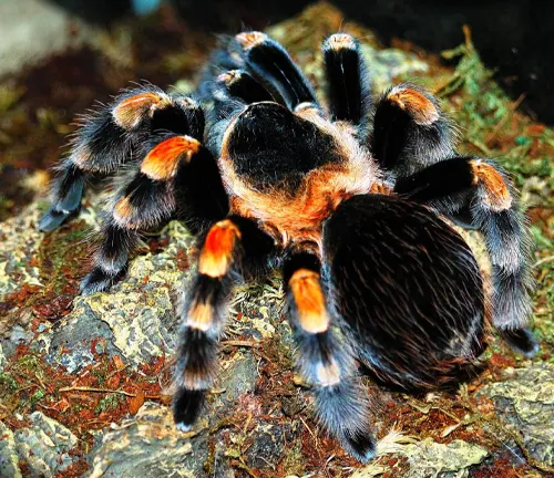 A Mexican Red Knee Tarantula with orange and black stripes, showcasing its vibrant colors and distinctive pattern.
