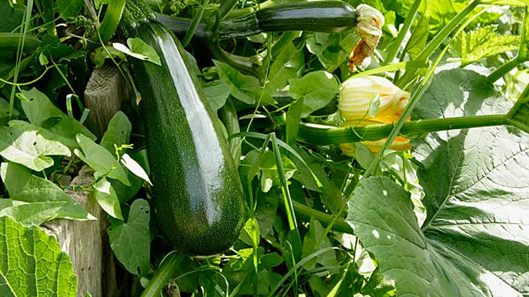 A large zucchini growing amongst green leaves with visible flowers and smaller zucchinis, in a garden.