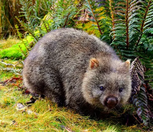 A wombat standing in grass near plants.