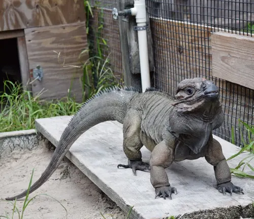 A Rhinoceros Iguana standing on a cement block in a cage in its natural habitat.