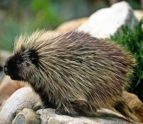 A North American Porcupine standing on rocks.