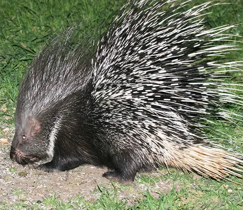 A long-haired Indian Porcupine strolling on grass.