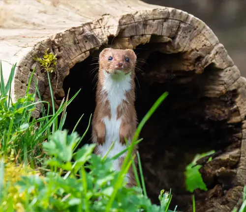 A "Least Weasel" standing in front of a log in its habitat.