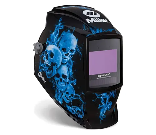 Miller Digital Elite welding helmet with a blue flame and skull design and a purple auto-darkening lens.