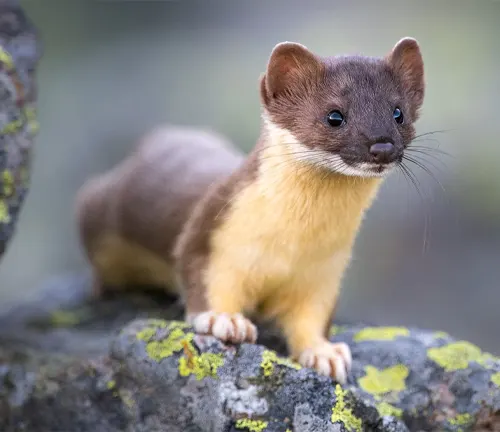 A "Long-tailed Weasel" perched on a moss-covered rock.