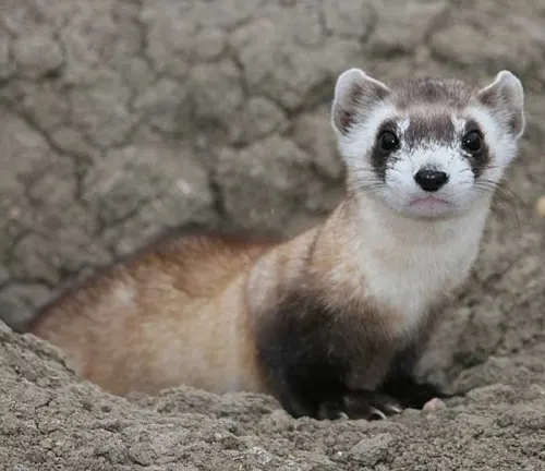 A Black-footed Ferret sitting in the dirt.