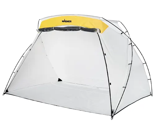 A portable, white Wagner Spraytech paint spray shelter with a yellow accent on the top, featuring a curved design and clear side panels, set up for paint project use.
