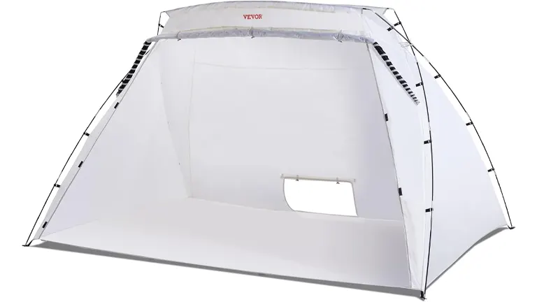 A white VEVOR spray shelter with transparent top and side panels and a cutout for easy access, designed for painting and spraying tasks.