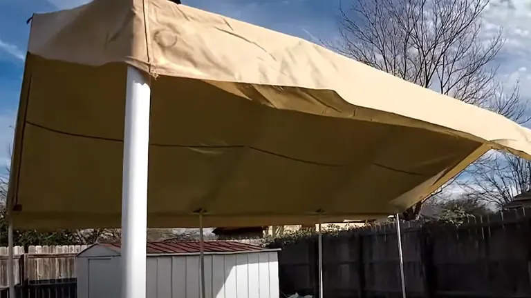 A partially assembled tan portable paint booth with its canopy unfurled, revealing white support poles, set against a residential backyard backdrop.