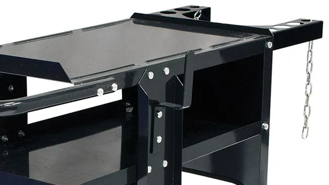 Close-up of a black Eastwood welding cart with a flat top, multiple storage shelves, and a side chain.