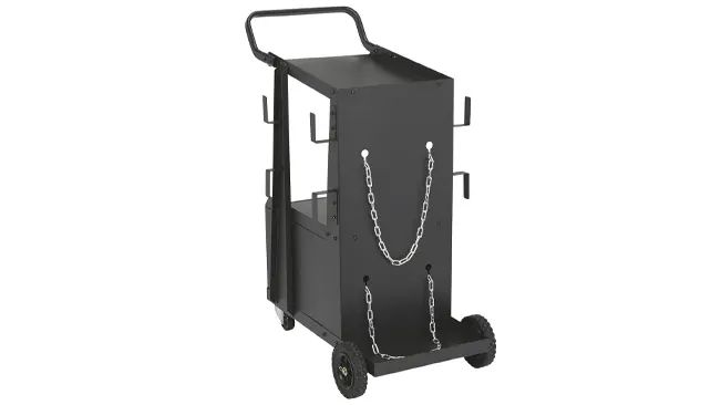 Empty Klutch 2-Tier Welding Cart with chains for cylinder security, isolated on a white background.