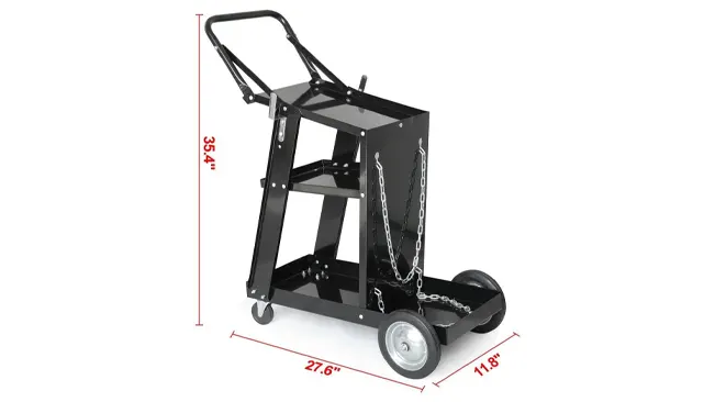 A Yaheetech 3-Tier Welding Cart with dimensions labeled, featuring large rear wheels and chain restraints.