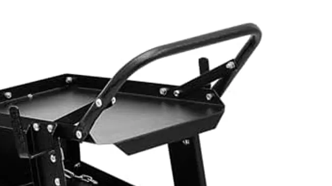 Detail of the handle and top shelf of an Ocforiya Iron Rolling Welding Cart in black.