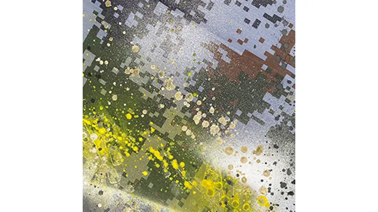A dynamic abstract painting with splatters and droplets of yellow and green hues over a pixilated background with varying shades of gray.