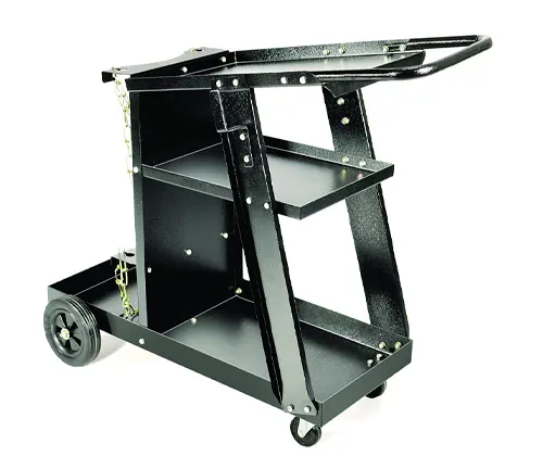 Multi-tiered welding cart with a tilted top shelf, chain for gas cylinder, and large rear wheels on a white background.