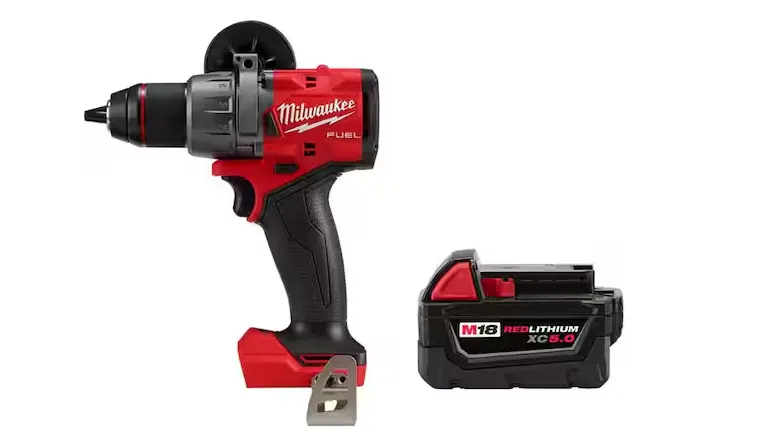 The image features a red and black Milwaukee M18 Fuel Hammer Drill/Driver next to its compatible M18 REDLITHIUM XC 5.0 battery pack, both isolated on a white background.