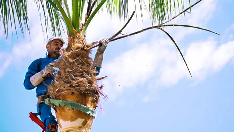 A worker wearing safety gear is pruning a palm tree, skillfully trimming fronds against a clear blue sky.