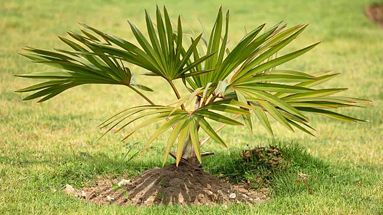 A young palm tree recently planted in a well-mulched patch on a lush lawn, with its fronds spreading outwards under a soft light.