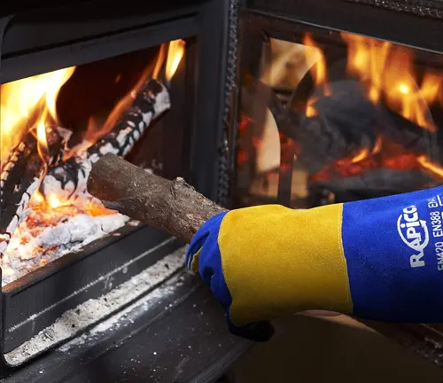 Hand wearing a RAPICCA blue and tan welding glove placing wood in a fireplace, showing heat resistance.