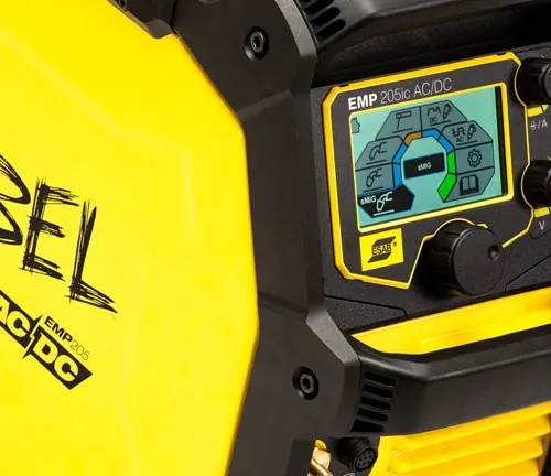 Close-up of the control panel on the Esab Rebel EMP 205IC AC/DC Multi-Process Welder with yellow casing.





