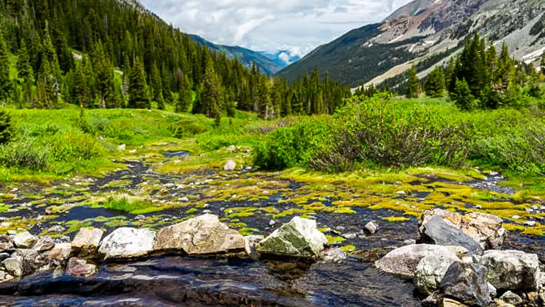 Clear mountain stream with rocky banks meandering through a lush green valley, surrounded by dense pine forests and towering mountain ranges under a partly cloudy sky.