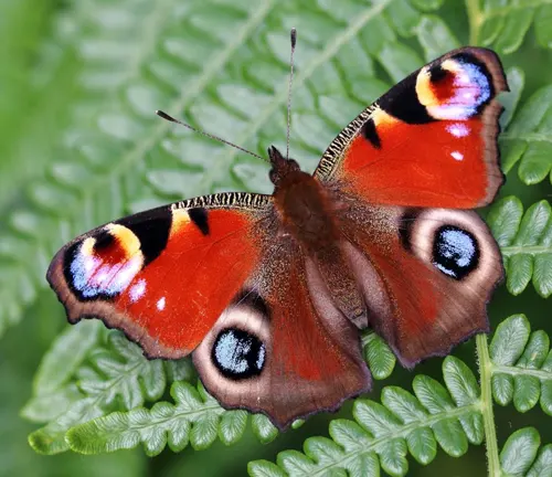 Peacock butterfly perched on green leaf in habitat of Peacock Butterfly.