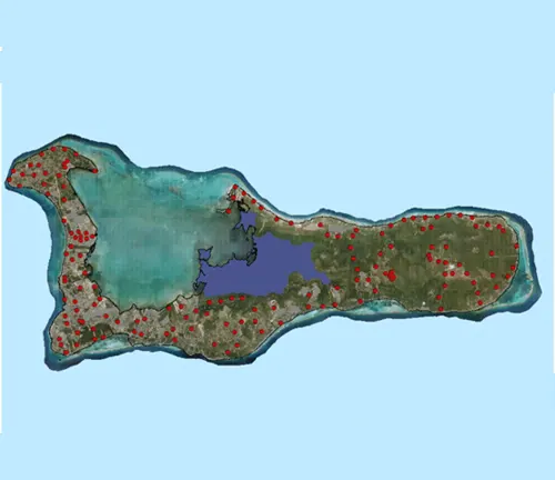 A map of the island with red dots indicating the distribution of the "Blue Iguana".