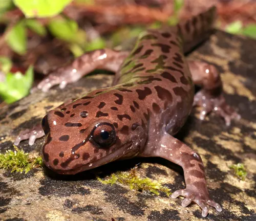 A Coastal Giant Salamander on a mossy rock with brown skin and darker brown spots.




