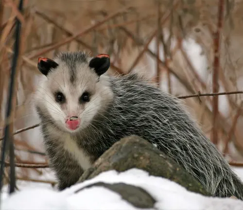 An opossum with white fur stands in the snow, showcasing the typical coloration of a Virginia Opossum.