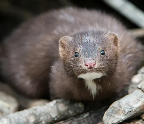 A weasel, known as the American Mink, sitting on the forest floor.