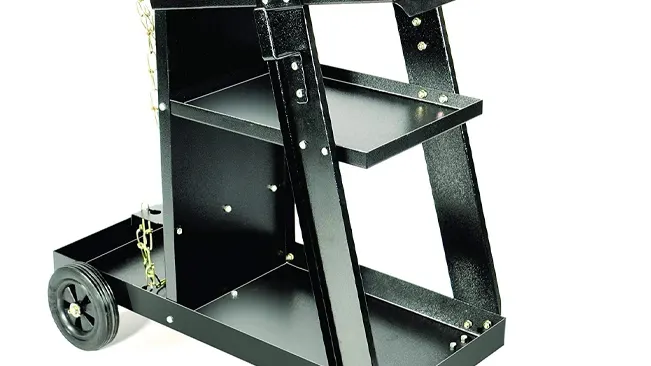 Empty Hot Max WC100 Welding/Plasma Cutter Cart with chain across the top shelf and large wheel.