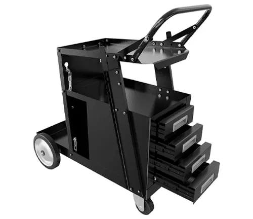 A black welding cart with multiple drawers, a top shelf, a fold-down handle, and large wheels, isolated on a white background.