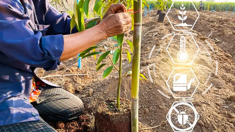 A farmer is tying a young durian tree to a support stake, with icons illustrating agricultural practices like watering, sunlight, and fertilization superimposed on the sunlit field.