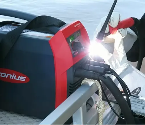 Fronius AccuPocket 150 welder in use outdoors, with a bright welding arc visible and a person welding in protective gear.