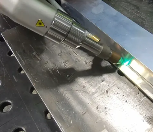 Handheld laser welding tool in action, creating a seam on a metal surface with visible laser light.
