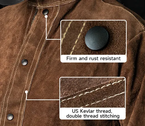 Close-up of a YESWELDER flame-retardant welding jacket showing details like a rust-resistant button and durable US Kevlar thread stitching.