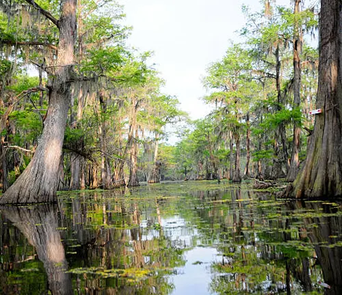 Cypress trees with Spanish moss lining a reflective swamp waterway.