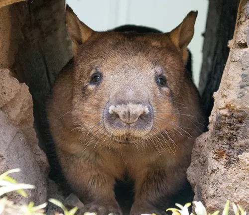 A wombat with unique features peeking out of a hole in the ground.
