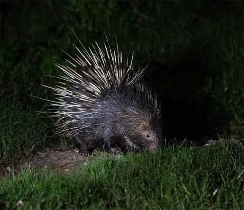 A Malayan Porcupine with sharp quills is strolling on grass at night, showcasing its defense mechanisms.