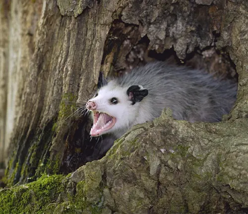 Virginia Opossum in forest habitat, surrounded by trees and foliage.