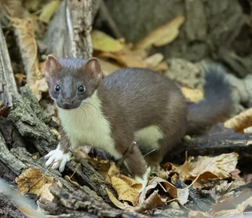 A Long-tailed Weasel with distinctive fur coloration standing on the ground in the woods.
