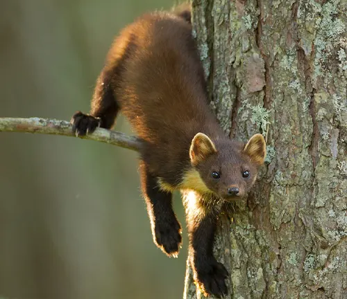 A European Pine Marten climbing up a tree in its natural habitat.