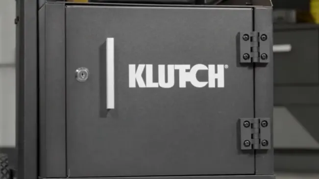 Close-up of the side panel of a Klutch welding cart, showing the brand logo.